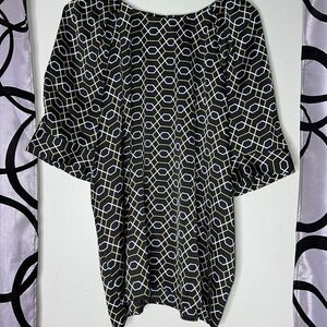 Worthington Womens Short Sleeve Black Yellow White Geometric Blouse Top XL